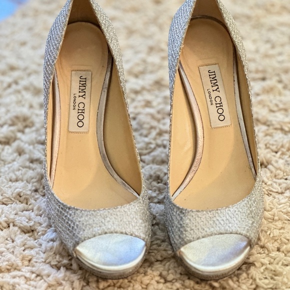 Jimmy Choo Luna 100 Glitter Fabric Platform Peep-Toe Pump, Size 39 - Picture 4 of 11